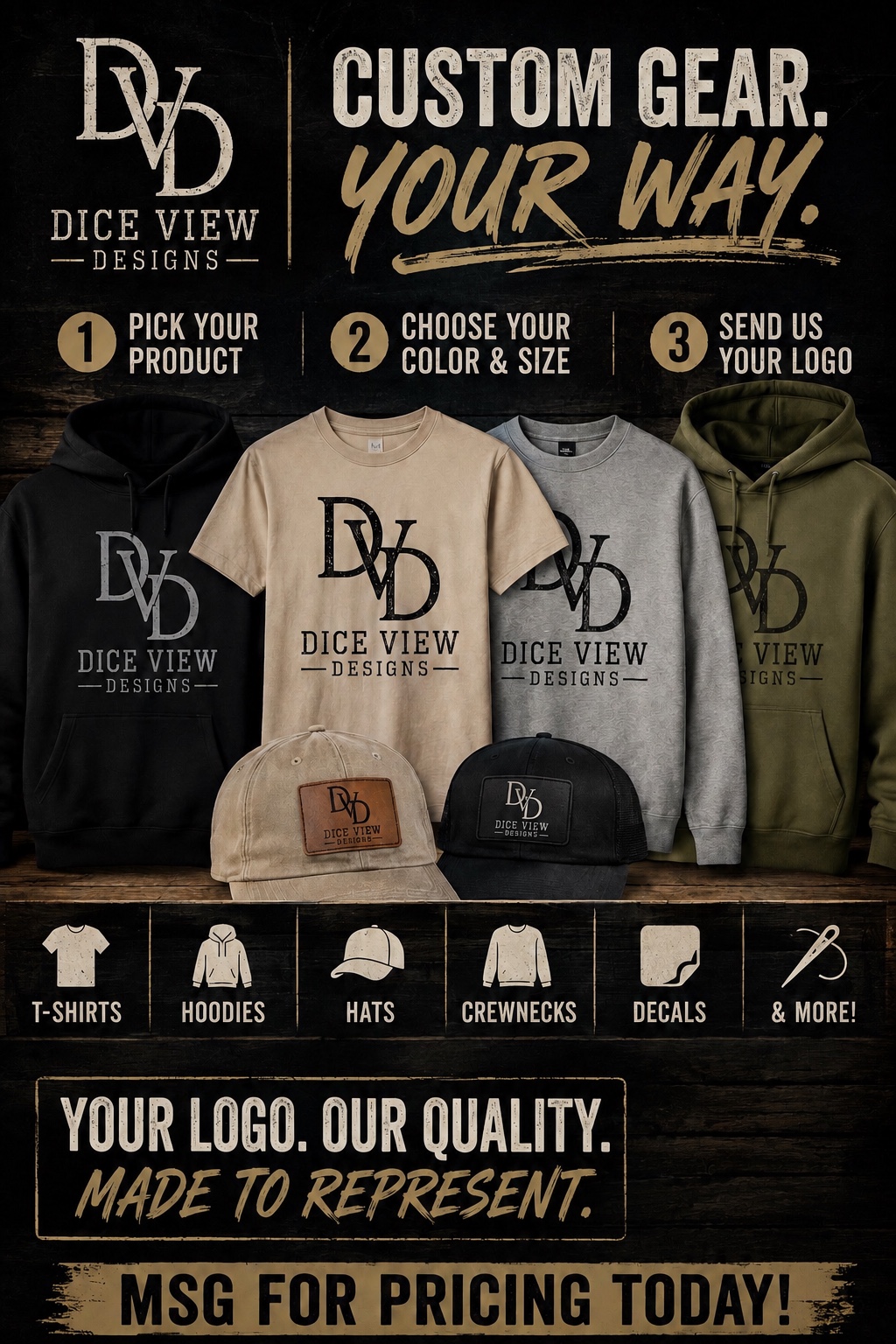 Custom Dice View Designs apparel and hats